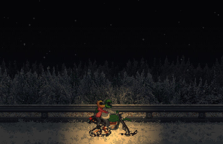 Screenshot of the currently in development indie horror game: Wintertwined. 2 characters are riding a snowmobile through a snow ridden road, in the dark.