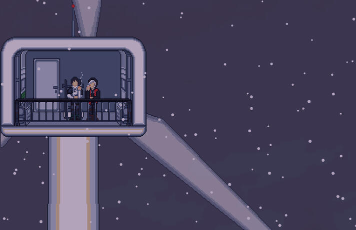 Screenshot of the currently in development indie horror game: Wintertwined. 2 characters stand on the balcony of a wind turbine, smoking.