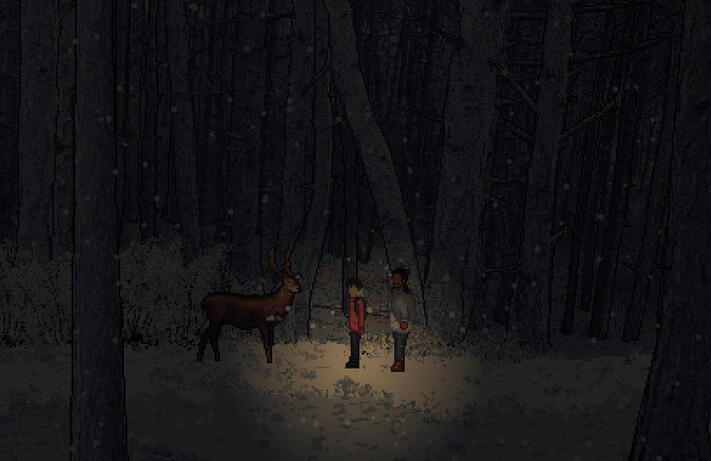 Screenshot of the currently in development indie horror game: Wintertwined. 2 characters stand in a forest as a deer approaches