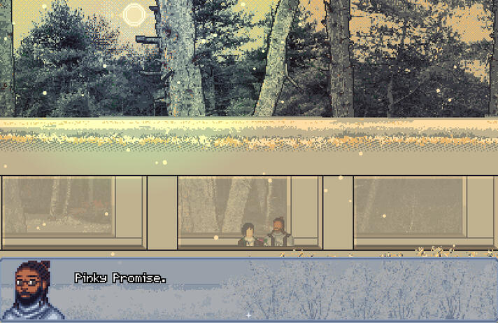 Screenshot of the currently in development indie horror game: Wintertwined. 2 characters stand in a hallway, doing a pinky promise